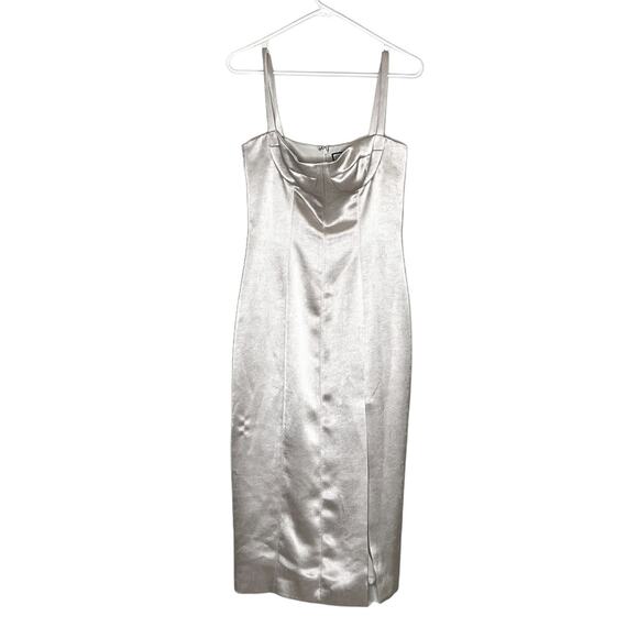 Alexis Yates Metallic M'o Exclusive Satin Slit Cocktail Dress Silver Size M - Picture 4 of 10